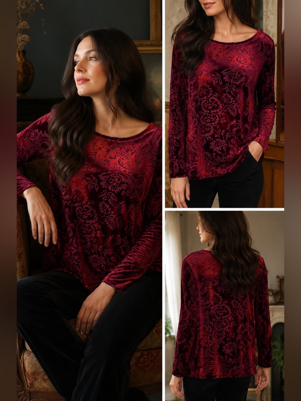 Coldwater Creek Velvet Burnout Floral Damask Top Burgundy Red Orange Whimsigoth